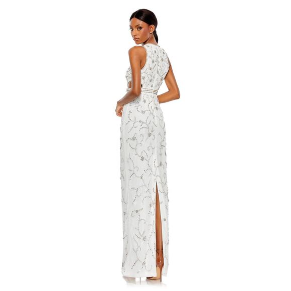Mac Duggal 10873 White Beaded Sleeveless High Neck Cut Out Column Gown Size 10 - Picture 2 of 10